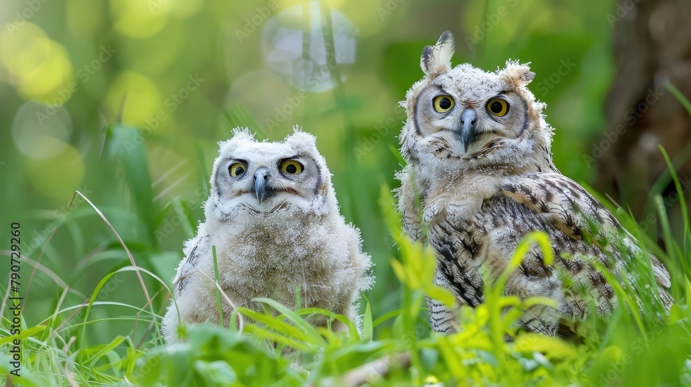 Eurasian Eagle Owls exploring nature outside their nest in the grass A young white owl is venturing outside for the first time Eurasian Eagle Owls exploring nature outside their nest in the grass A young white owl is venturing outside for the first time