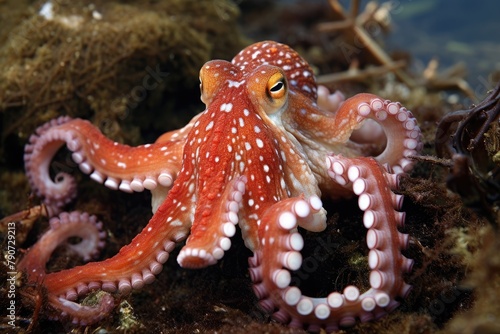 An octopus using camouflage to ambush prey.