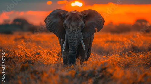 African Elephant Strolling at Sunset in the Savanna © slonme