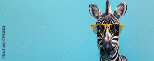 Stylish zebra wearing cool sunglasses. blue background.  banner