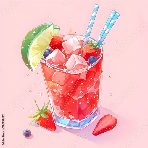 Colorful Tropical Fruit Cocktail with Ice and Fresh Garnishes