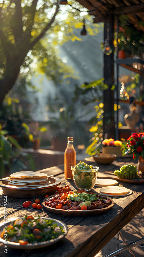 Sumptuous Outdoor Garden Feast with a Variety of Dishes on a Sunny Day