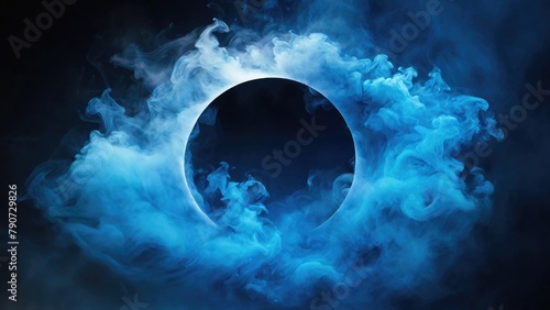 Circular Blue Smoke explodes outward  with dramatic smoke or fog effect with a scary Dark background