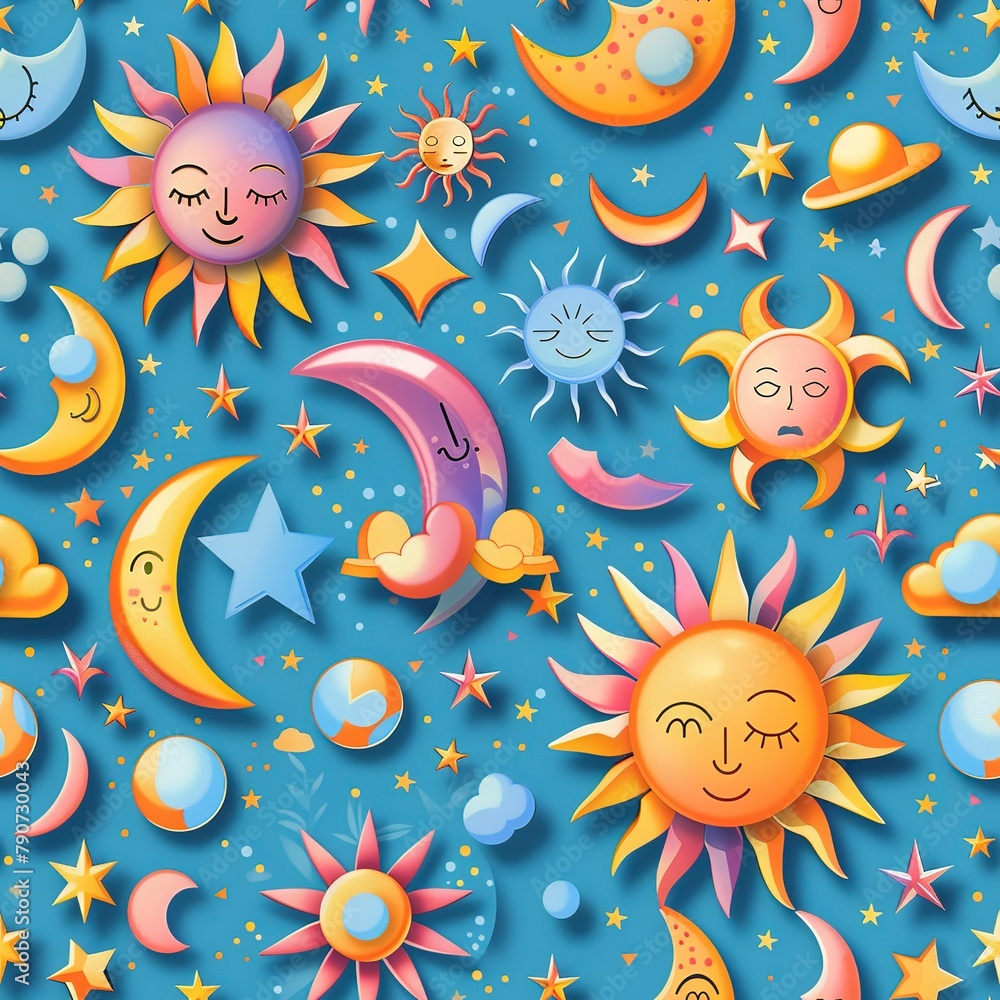 A seamless pattern of suns and moons with geometric 3D shapes and vibrant colors. Seamless Pattern, Fabric Pattern, Tumbler Wrap, Mug Wrap. A seamless pattern of suns and moons with geometric 3D shapes and vibrant colors. Seamless Pattern, Fabric Pattern, Tumbler Wrap, Mug Wrap.