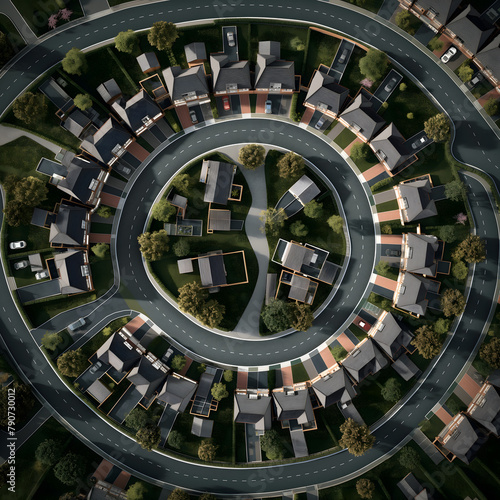 Aerial View of a Peaceful Suburban Neighborhood at Dusk