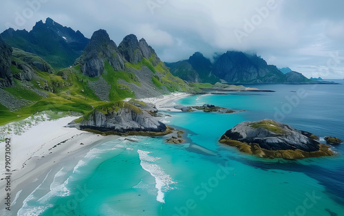 **a drone photo of the beautiful beach and mountains in Lofoten, Norway with turquoise water, posted on snapchat by justin bmpeg, photorealistict photo