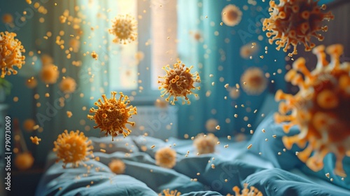 A 3D rendering of a bedroom with a virus cluster floating in the air