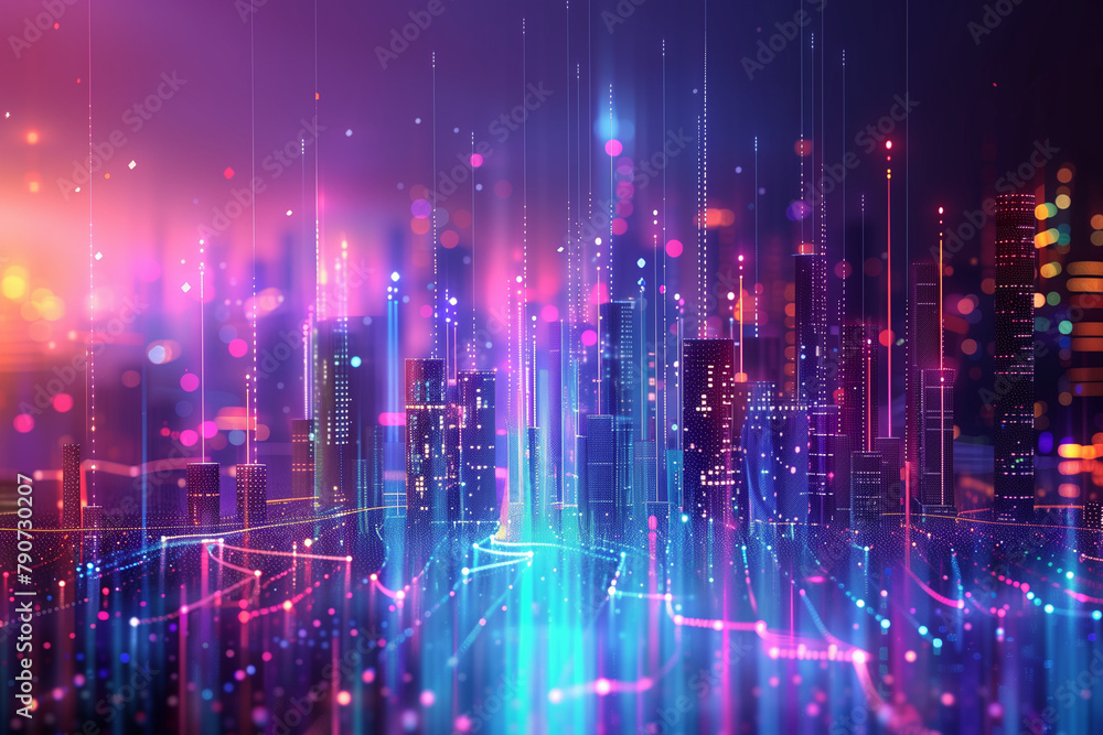 Obraz premium Modern city & big data connections. Abstract visualization. Cool blues & warm green accents. Technology and innovation