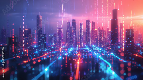 Modern city & big data connections. Abstract visualization. Cool blues & warm green accents. Technology and innovation