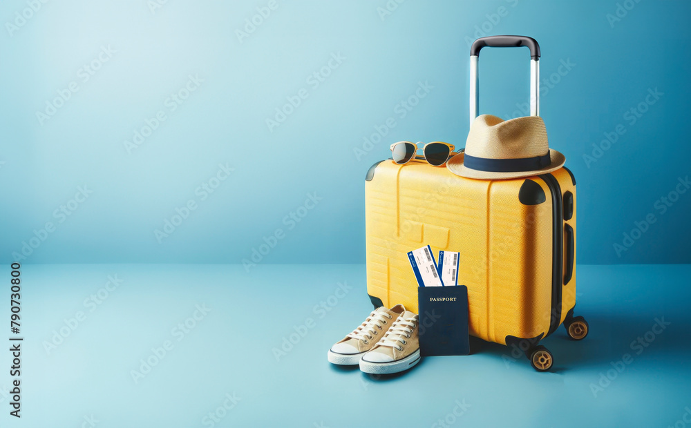 Travel concept. Closeup of plastic suitcase standing at empty blue background, banner for air travelling Travel concept. Closeup of plastic suitcase standing at empty blue background, banner for air travelling