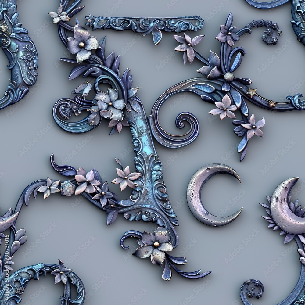 3D initials entwined with boho motifs like crescent moons and stars.Seamless Pattern, Fabric Pattern, Tumbler Wrap, Mug Wrap. 3D initials entwined with boho motifs like crescent moons and stars.Seamless Pattern, Fabric Pattern, Tumbler Wrap, Mug Wrap.