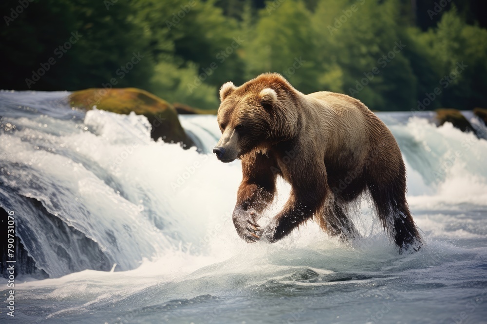 A bear fishing for salmon in a rushing river. A bear fishing for salmon in a rushing river.