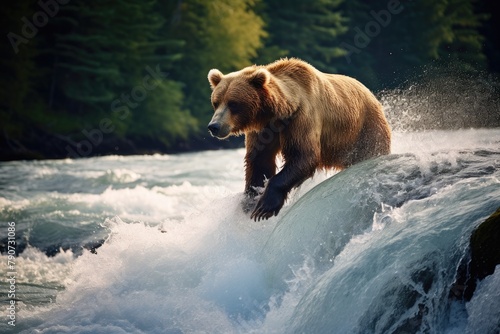 A bear fishing for salmon in a rushing river.