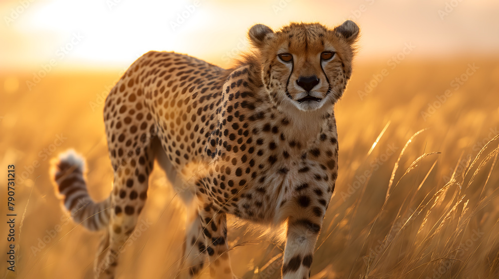 Majestic Cheetah Stalking Through Golden Savannah at Sunset Majestic Cheetah Stalking Through Golden Savannah at Sunset