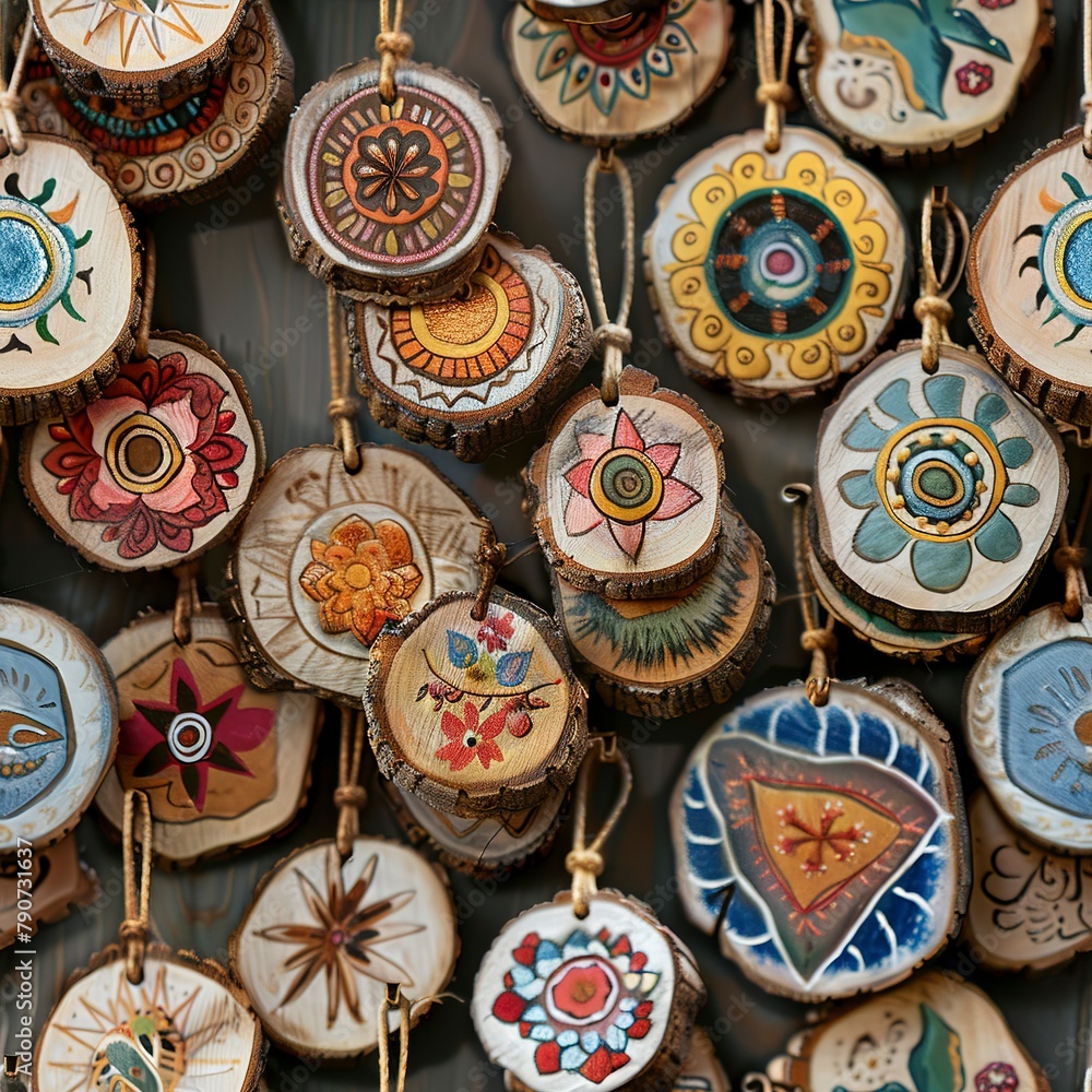 Rustic 3D wood slices, painted with boho symbols and hung as ornaments. Seamless Pattern, Fabric Pattern, Tumbler Wrap, Mug Wrap.