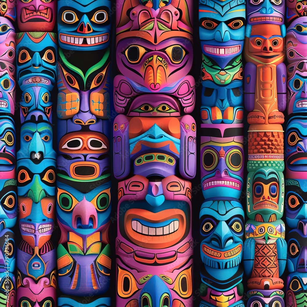 Intricate 3D totem poles with bohemian symbols and vibrant colors.Seamless Pattern, Fabric Pattern, Tumbler Wrap, Mug Wrap.