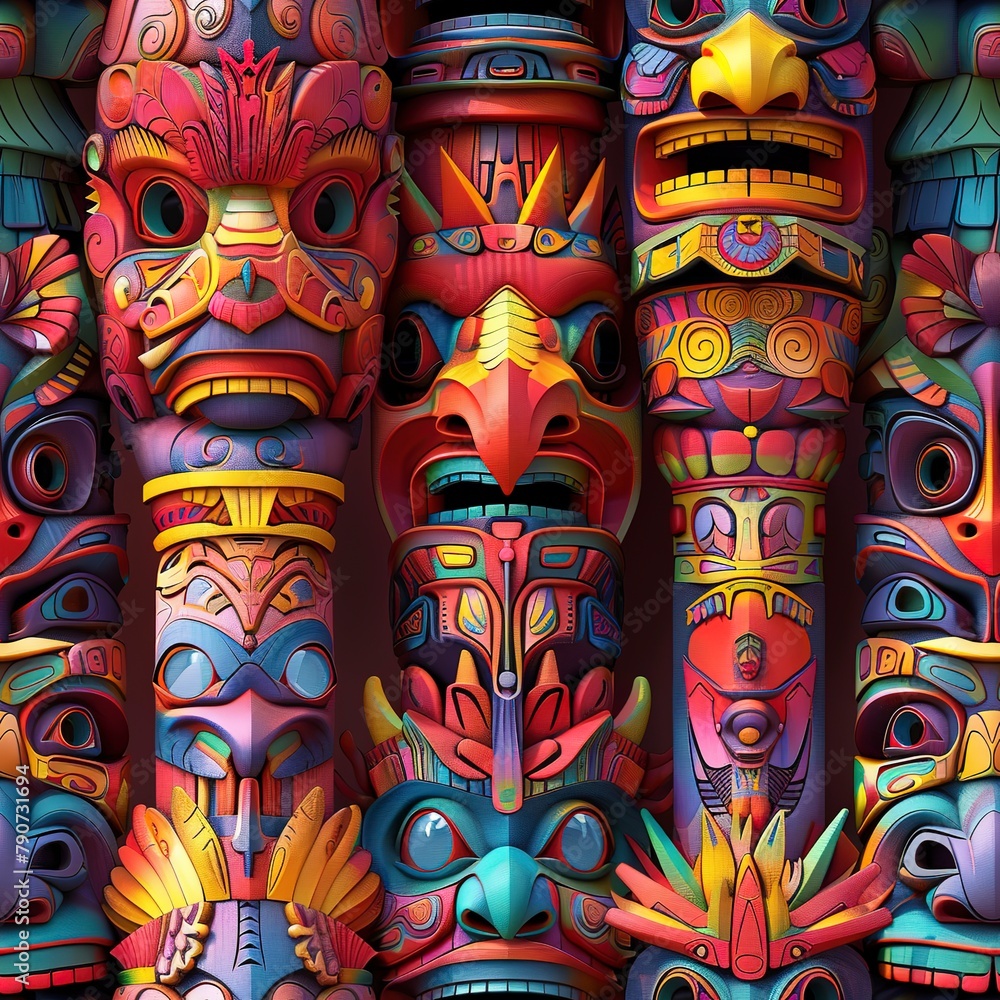 Intricate 3D totem poles with bohemian symbols and vibrant colors. Seamless Pattern, Fabric Pattern, Tumbler Wrap, Mug Wrap. Intricate 3D totem poles with bohemian symbols and vibrant colors. Seamless Pattern, Fabric Pattern, Tumbler Wrap, Mug Wrap.