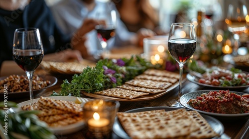 Passover seder table setting with matzah photo