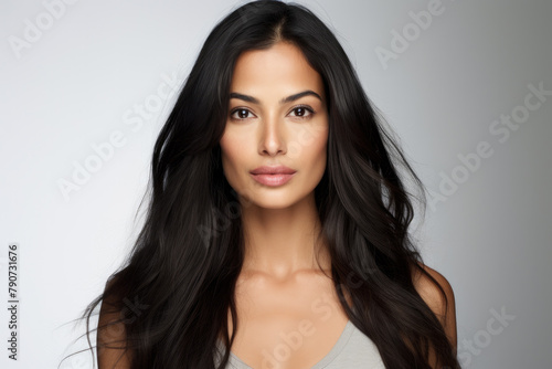 Graceful Beautiful South Asian Woman with Luxurious Long Wavy Hair and Neutral Expression on a Plain Background