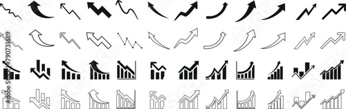 business growth charts, Vector arrow icons set, editable stroke, black minimalist design, financial data visualization, trend analysis