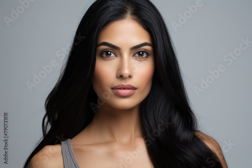 Confident Attractive South Asian Woman with Long Black Hair on a Dark Grey Background