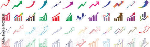 Colorful Growth Icons Set, Vector arrows, charts for web, app, illustrate increase, progress, enhance digital designs