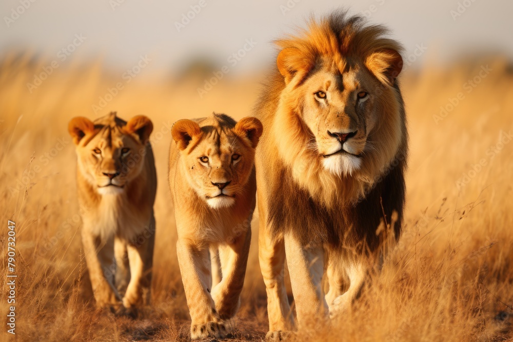 A group of lions coordinating a hunt in the savannah. A group of lions coordinating a hunt in the savannah.