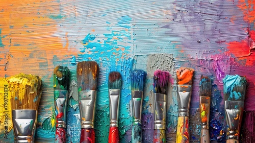 Row of artist paintbrushes closeup on artistic wooden background. Brushes with colorful paints