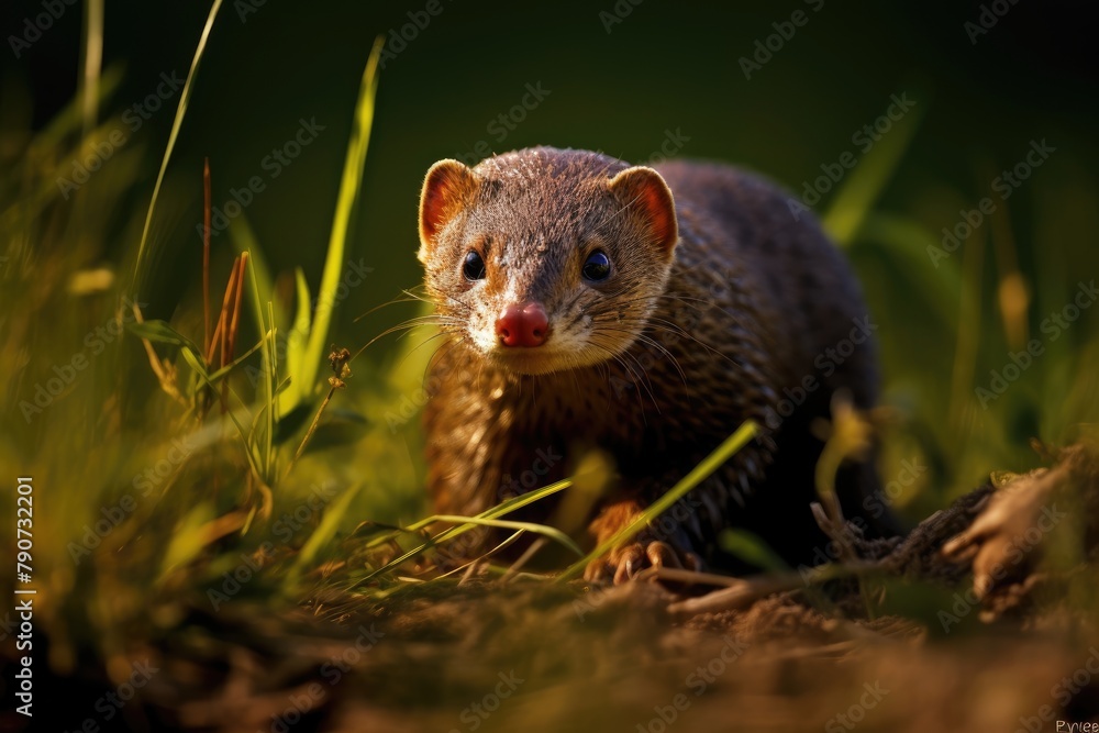 A mongoose agilely catching snakes in the grass. A mongoose agilely catching snakes in the grass.