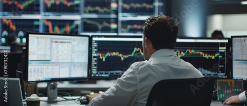 Workstations with Multi-Monitor Workstations. Real-Time charts for stock markets, commodities, and exchange rates. A team of brokers working in an agency.