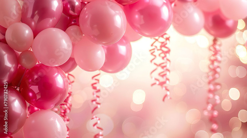 party decoration background pink rose balloons garlands on blurred background