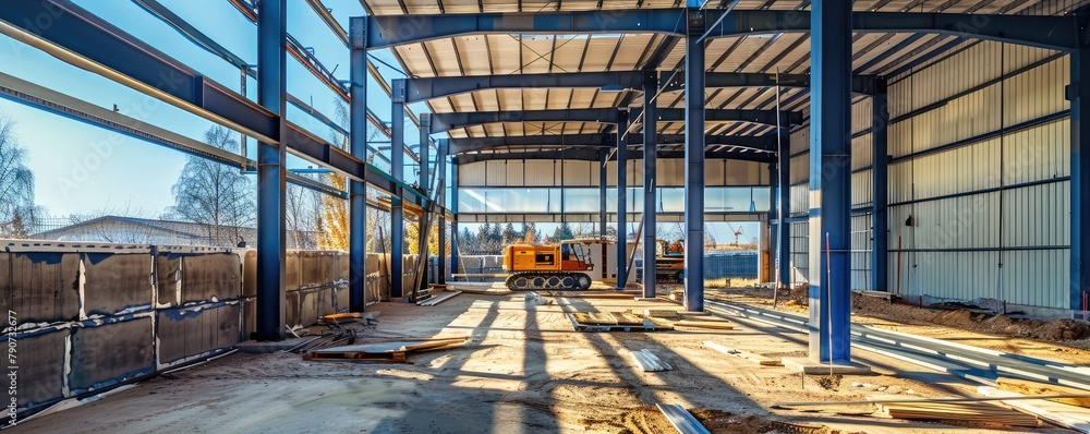Modern construction site of a new industrial hall. banner Modern construction site of a new industrial hall. banner