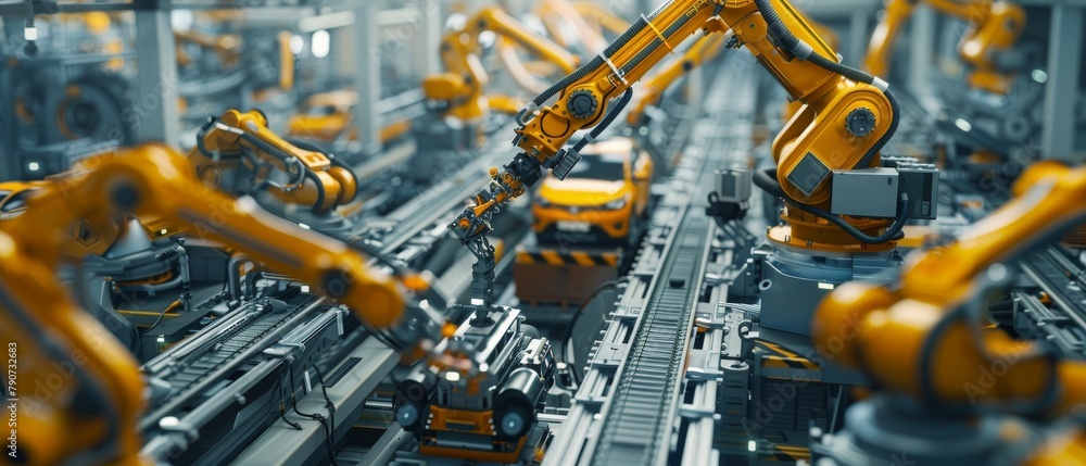Automated Robot Arm Assembly Line Manufacturing Advanced Green Energy Electric Vehicles. Conveyor system for industrial production.