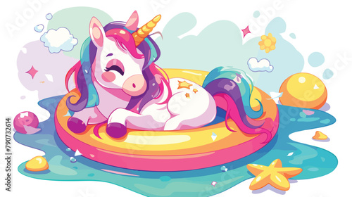 Cartoon cute doodle Unicorn Inflatable Pool Circle. © Sofi