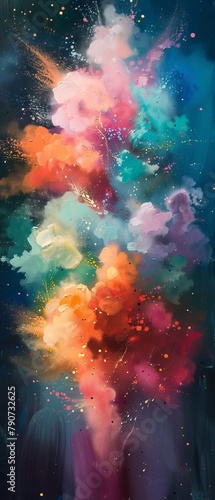 A colorful explosion of paint splatters on a canvas