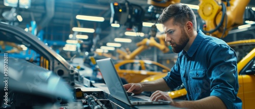 Auto factory engineer working with laptop computer, using robotic arms technology. Automated assembly line in an automotive manufacturing facility. photo