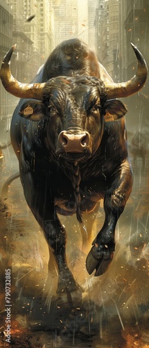 A bull is running through a city with buildings in the background