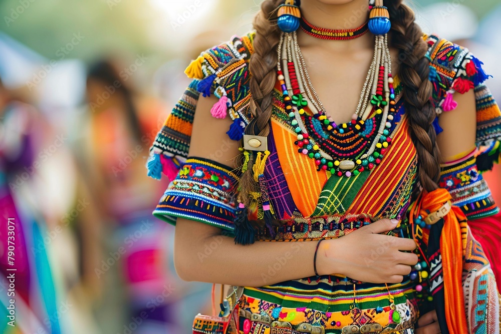 Woman Wearing Colorful Head Piece and Jewelry