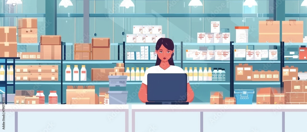 As a woman checks inventory using her laptop computer, a warehouse retail center with cardboard boxes is in the background, along with e-commerce online orders, food, medicine, and product supply for As a woman checks inventory using her laptop computer, a warehouse retail center with cardboard boxes is in the background, along with e-commerce online orders, food, medicine, and product supply for
