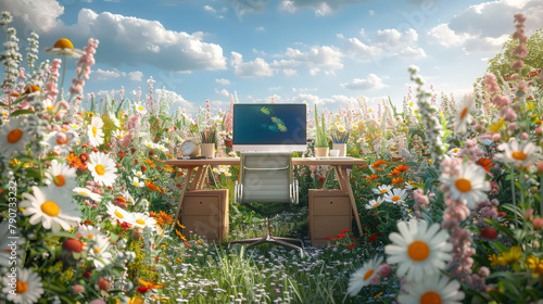 A computer desk is set up in a field of flowers