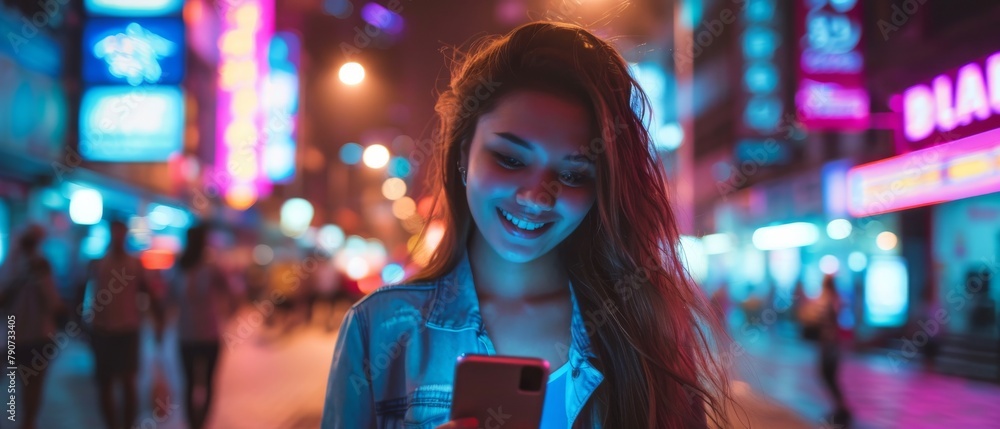 Young beautiful woman using her smartphone on a city street full of neon lights in the evening. Portrait of a gorgeous smiling female using her mobile phone. Young beautiful woman using her smartphone on a city street full of neon lights in the evening. Portrait of a gorgeous smiling female using her mobile phone.