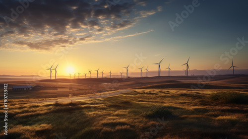 Among the vast wind farms at sunset photo