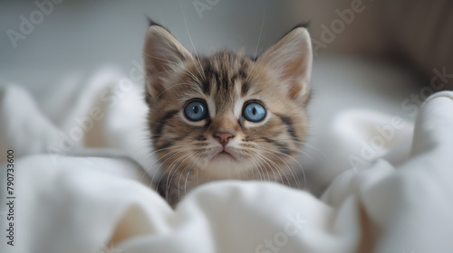 Adorable Blue-Eyed Kitten Relaxing in Soft White Blanket