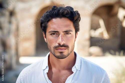 Handsome Charismatic Middle Eastern Man with Beard and Intense Gaze Outdoors