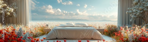 A bed is surrounded by a field of flowers and a view of the sky