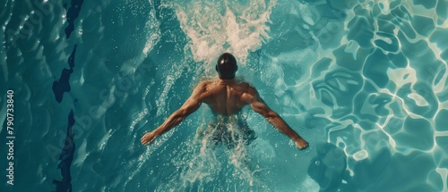 The Aerial Top View shows a male swimmer swimming in a swimming pool while practicing front crawling and freestyle techniques for the championship. photo