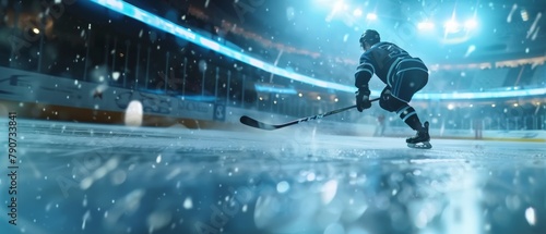 Pro Hockey Player Shoots the Puck with Hockey Stick on Ice Hockey Rink Arena. Wide Shot with Blur Motion Effect. Dramatic Lighting. photo