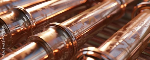 stack of shiny copper plumbing pipes on a white background. © amazingfotommm