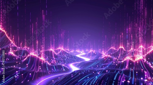 Isometric modern illustration of big data waterfall or cascade. Ultraviolet banner with streams of numbers. photo