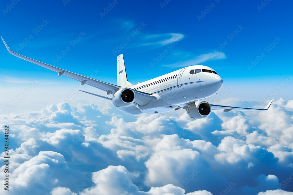 A white airplane is flying through the sky with a blue sky in the background.